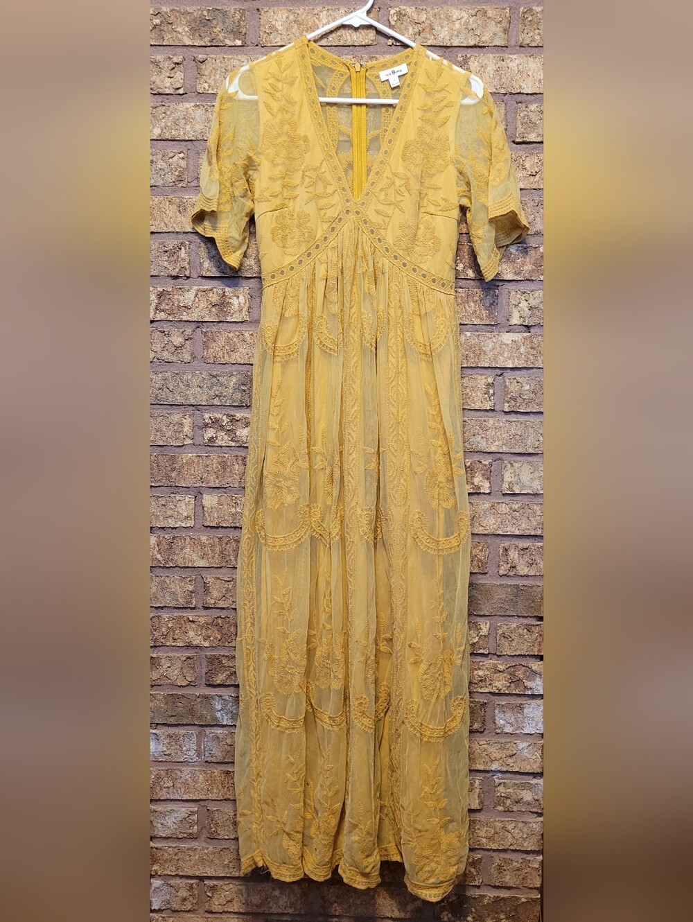 IceBird Mustard Yellow Embroidered Lace Boho Maxi Dress Size Small Cottagecore